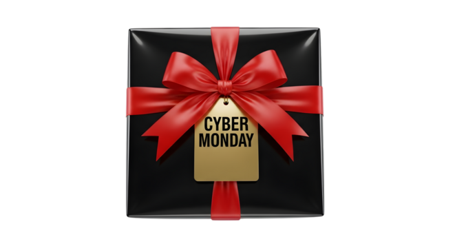 Black gift box with red ribbon and cyber monday tag, isolated on transparent background