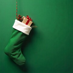 hanging green christmas stockings filled with gifts, copyspace, green background