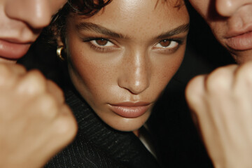Close-up of female model with two men on each side showing fists toward the camera in a protective gesture. Concept of strength, protection, and support.