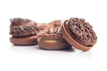 Sweet chocolate pralines. Chocolate candies isolated on white background.