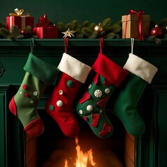 hanging green christmas stockings filled with gifts, copyspace, green background