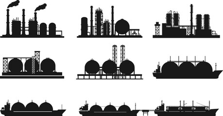 Oil and gas industry silhouettes, refinery vector, LNG tanker ship illustration, petrochemical plant drawing, technical flat design, industrial energy infrastructure