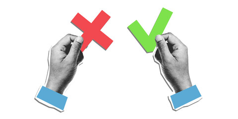 Halftone hands holding a red cross and a green check mark. Concept of choice, agreement and disagreement. Modern retro collage art style. transparent white background.