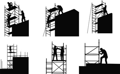 Naklejka premium Silhouette of workers assembling scaffolding on building structure, construction site labor, teamwork, safety, industrial workplace, high-rise work, scaffolding workers illustration