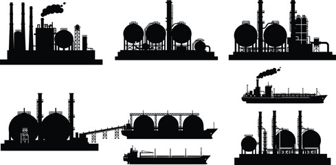 Oil and gas industry silhouettes, refinery vector, LNG ship illustration, petrochemical plant drawing, technical flat design, industrial energy infrastructure set