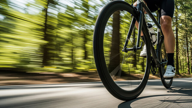 Cyclist on a racing bicycle speeding down a paved forest road with motion blur