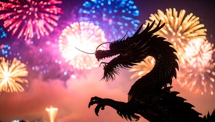Dragon Silhouette and Fireworks Display with Colorful Sky Background