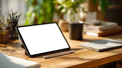 Digital tablet with blank screen on a wooden desk in a modern home office with green plants and creative tools, ready for work or design.