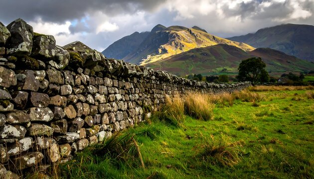 A stone wall stretches across a vibrant green field, leading to a picturesque mountain range under a partly cloudy sky. - Powered by Adobe