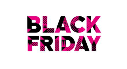 Black friday sale text with pink and black geometric pattern isolated on transparent background