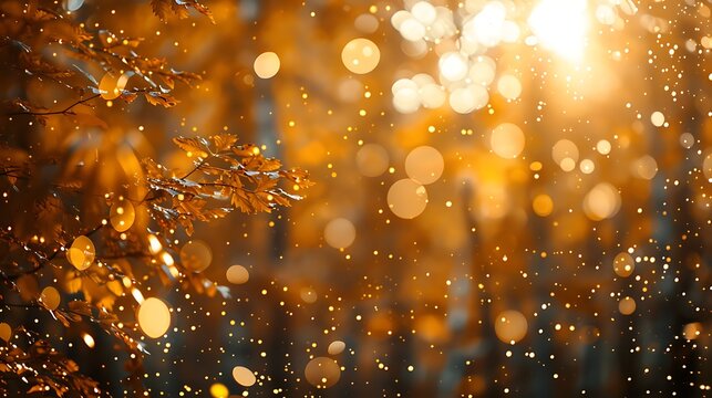 Magical bokeh lights and falling snow in a warm, golden-orange forest during a beautiful, sunlit autumn or winter day.
