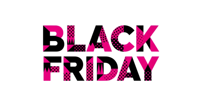 Black friday sale text with pink and black geometric pattern isolated on transparent background
