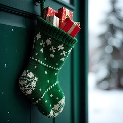 hanging green christmas stockings filled with gifts, copyspace, green background