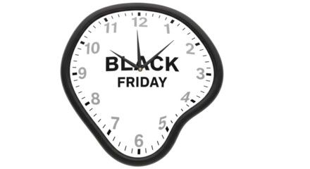 Melting clock with black friday text, isolated on transparent background