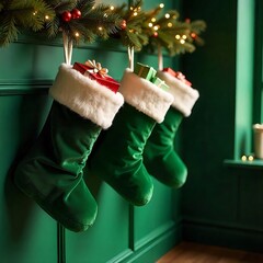 hanging green christmas stockings filled with gifts, copyspace, green background