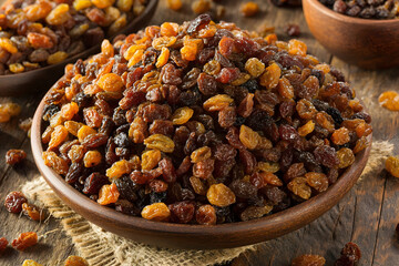 Dried fruit: a wooden bowl filled to the brim with healthy, sweet golden raisins.