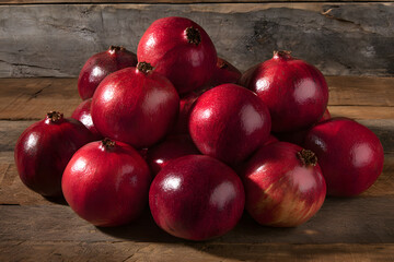 Pile of Shiny Pomegranates on Wooden Surface
