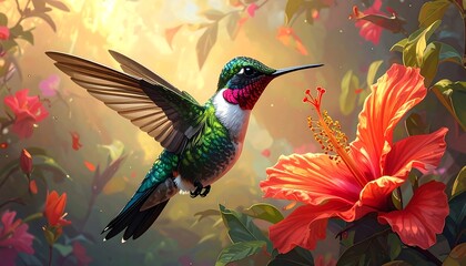 Obraz premium A vibrant hummingbird hovers near a large, vibrant hibiscus flower in a lush garden setting, bathed in warm sunlight.