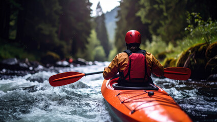 Obraz premium Kayaking down a whitewater river, surrounded by wild nature and extreme adventure.