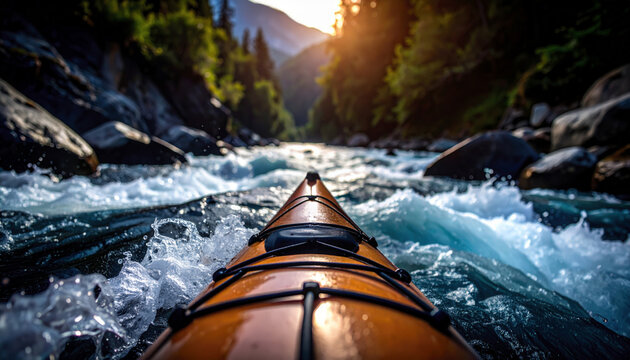 Front view of a kayak navigating a wild river surrounded by nature.