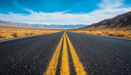 The photograph shows a long, straight road with double yellow lines, flanked by dry desert vegetation and mountains under a mostly clear sky.