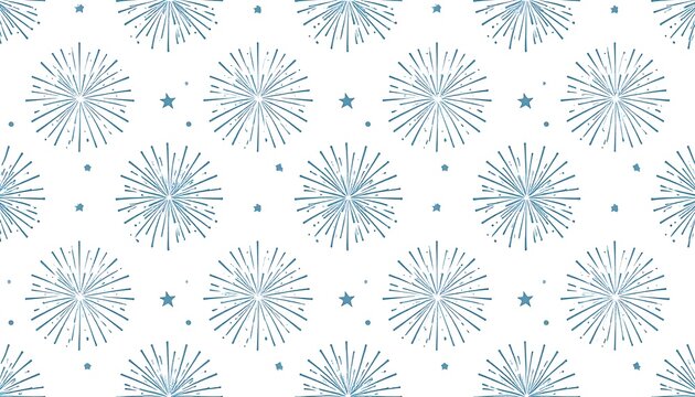 A repeating pattern of stylized fireworks bursts, outlined in muted teal, set against a crisp white background, featuring scattered small stars.