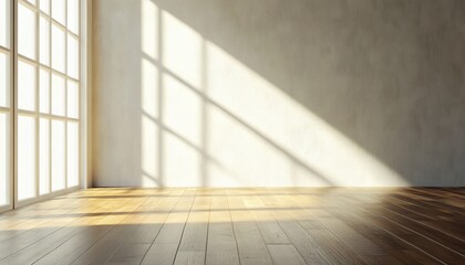 The image shows a bright interior space featuring a large window, light-colored walls, and a hardwood floor, with sunlight casting shadows.