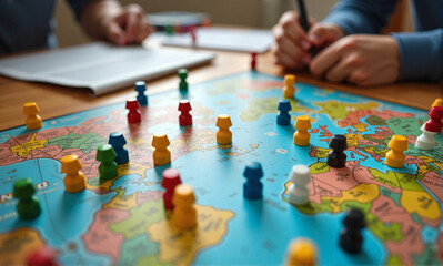 Fototapeta premium Board game play showing strategy game on table, board game with miniature figures and world map backdrop. This strategy game involves players plotting moves and considering complex scenarios.