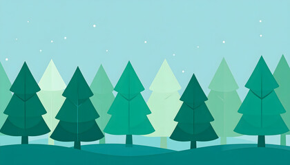 Obraz premium Serene stylized winter forest illustration green trees under a starry night sky, peaceful natural landscape