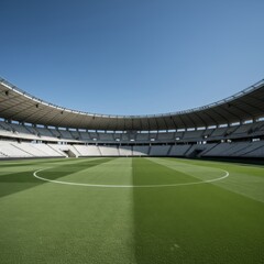 Fototapeta premium Empty Giant. center of an empty, clean stadium pitch on a bright, sunny day. The vast, empty seating bowls are visible, emphasizing the immense scale and quiet solitude of the architecture