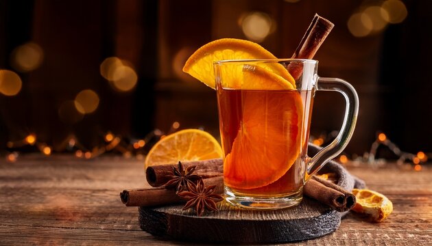 warm beverage in glass mug garnished with orange slices and cin