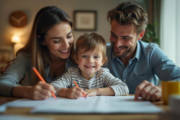 Fototapeta premium Parents with child drawing. Family bonding time. Happy together at home.