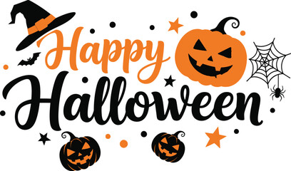 Celebrate happy halloween with pumpkins witch hat spiderweb and stars for spooky season