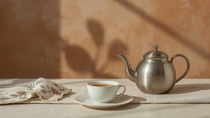 Fototapeta premium Silver teapot and white cup on table with soft shadows on wall 