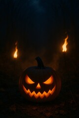 Fototapeta premium Spooky jack o'lantern glowing with eerie light in a dark, atmospheric forest scene