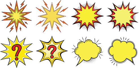 Yellow starbursts lightning question marks speech bubbles
