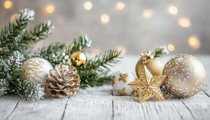 The image shows a collection of white and gold Christmas tree ornaments, pine cones, and evergreen branches arranged on a white wooden surface with a blurred background of warm lights.