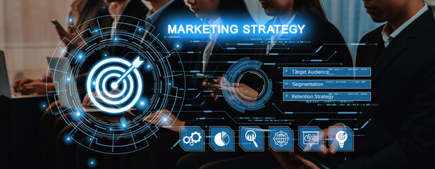 This image showcases a digital marketing strategy with elements like target audience segmentation...