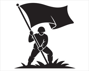 Silhouette of soldier raising flag symbolizing victory