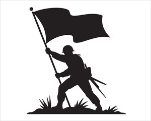 Silhouette of soldier raising flag isolated on white background, black military illustration symbolizing patriotism, bravery, victory, honor, defense, freedom, war hero, and national pride concept des