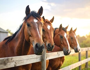 Obraz premium Four brown horses, heads close together, gently lean against a rustic wooden fence, bathed in the warm golden light of a tranquil countryside sunrise.