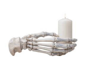 A realistic skeleton hand holding a white candle, isolated on a transparent background, symbolizing halloween, death, and spooky themes
