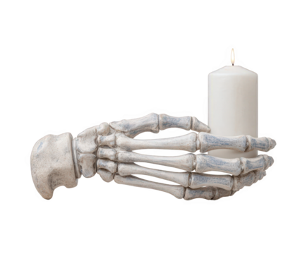 A realistic skeleton hand holding a white candle, isolated on a transparent background, symbolizing halloween, death, and spooky themes