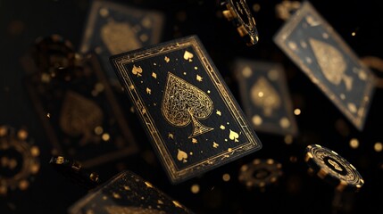 Black and gold playing cards with chips in mid-air, dark studio, gambling theme