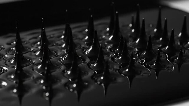 Hypnotic Black Ferrofluid Forms Spikes Under Magnetic Influence.