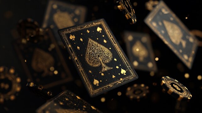 Black and gold playing cards with chips in mid-air, dark studio, gambling theme