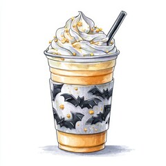 Spooky Halloween cold brew with whipped cream and bat sprinkles in whimsical to-go cup
