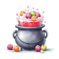 Spooky Halloween drink with bubbling red potion latte and candy eyeballs in a whimsical cauldron cup