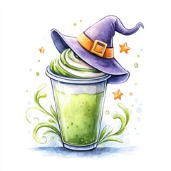 Spooky Halloween matcha latte in a whimsical witch hat to-go cup enjoyed during fall festivities