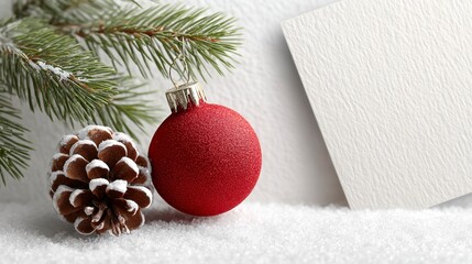 Winter holiday greeting card template featuring a red ball decoration and pine cone on snowy background